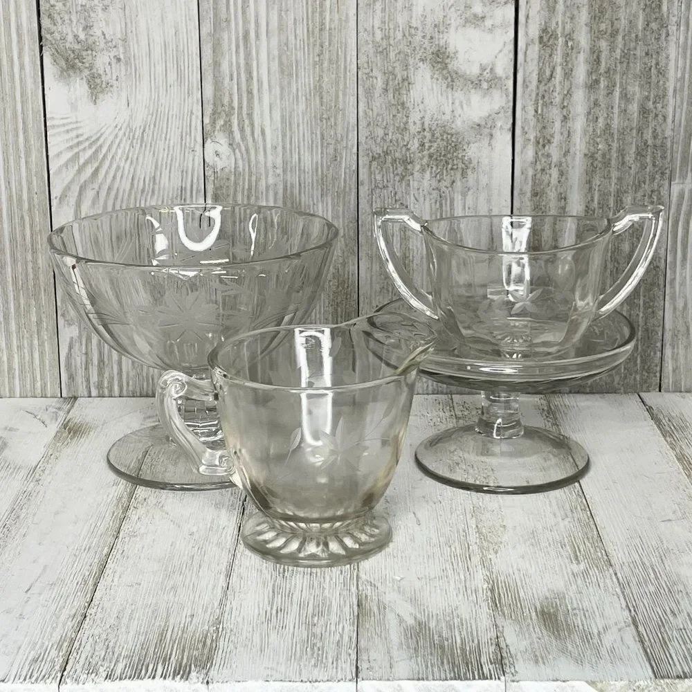 Vintage Etched Clear Depression Glass Sugar Bowl and Creamer Set 4 Pieces